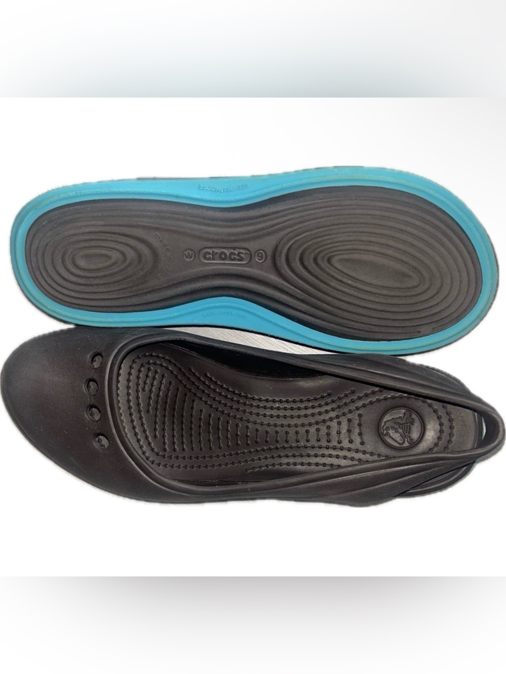 Crocs Sz 9 Tone Skylar Flat Espresso Brown & Teal Blue Sling Back Mary Jane